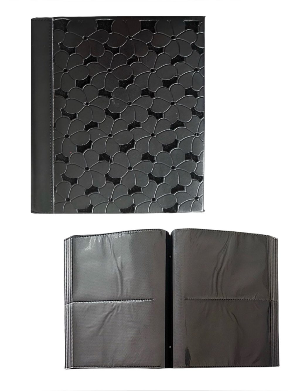 ELSA L Black Faux Leather Photo Album 8.5x9 Floral Pierced Cutout 50 pages